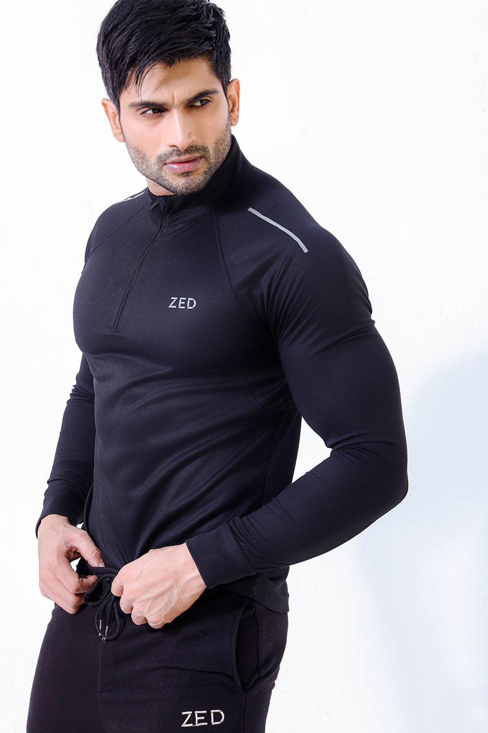 Black Muscle Fit Long Sleeve Running T-shirt With 1/4 Zip
