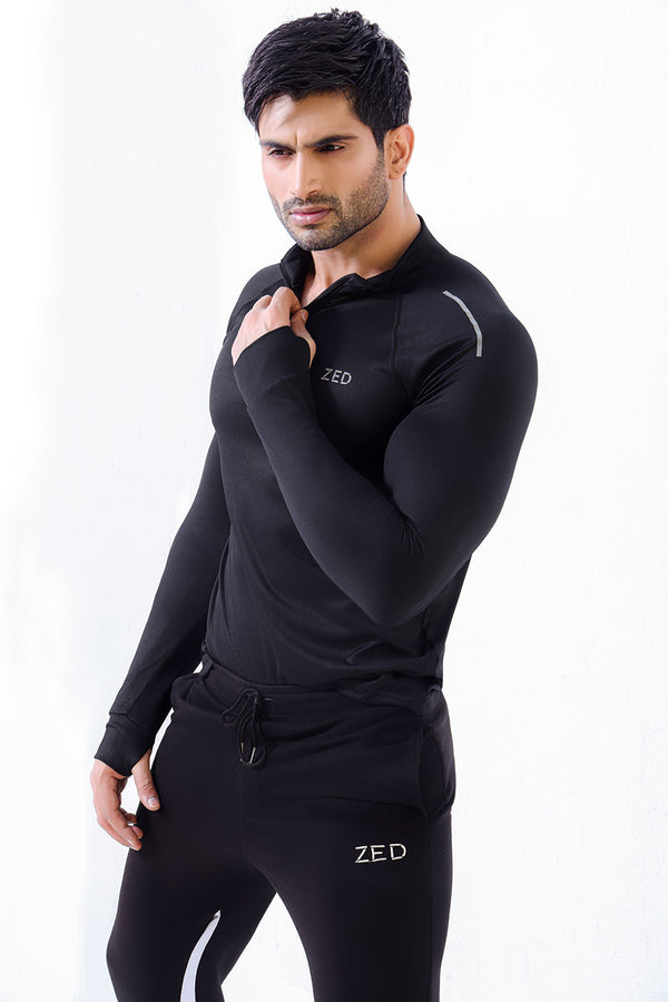 Black Muscle Fit Long Sleeve Running T-shirt With 1/4 Zip