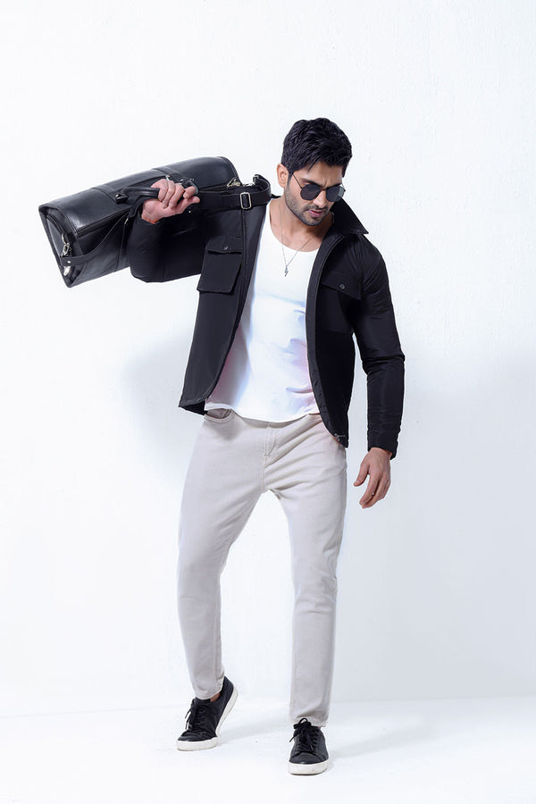 Black Double Pocket Polyamide Jacket