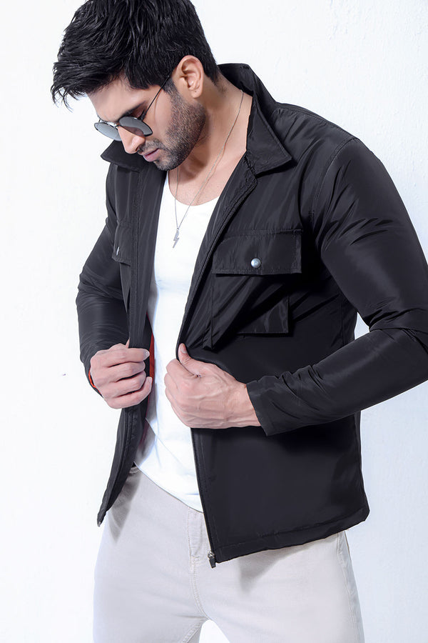 Black Double Pocket Polyamide Jacket