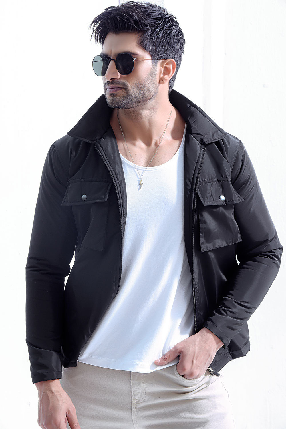 Black Double Pocket Polyamide Jacket