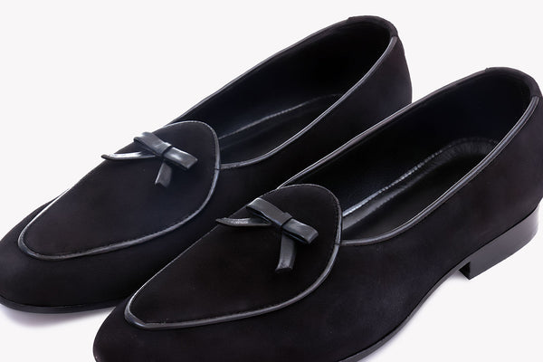 Super Low Black Bow Tie Suede Loafer