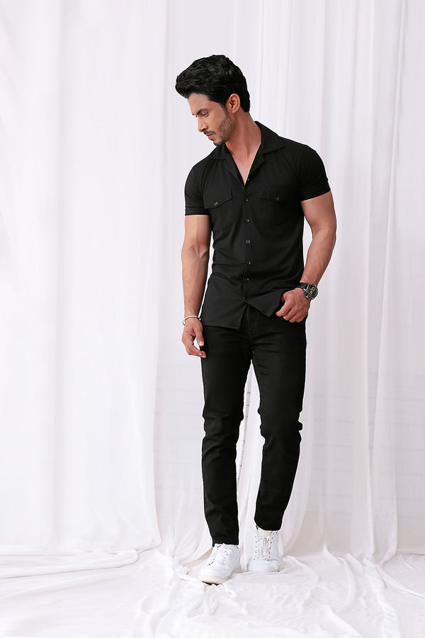 Black Cuban Double Pocket Jersey Shirt
