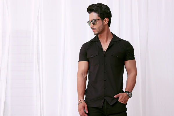 Black Cuban Double Pocket Jersey Shirt