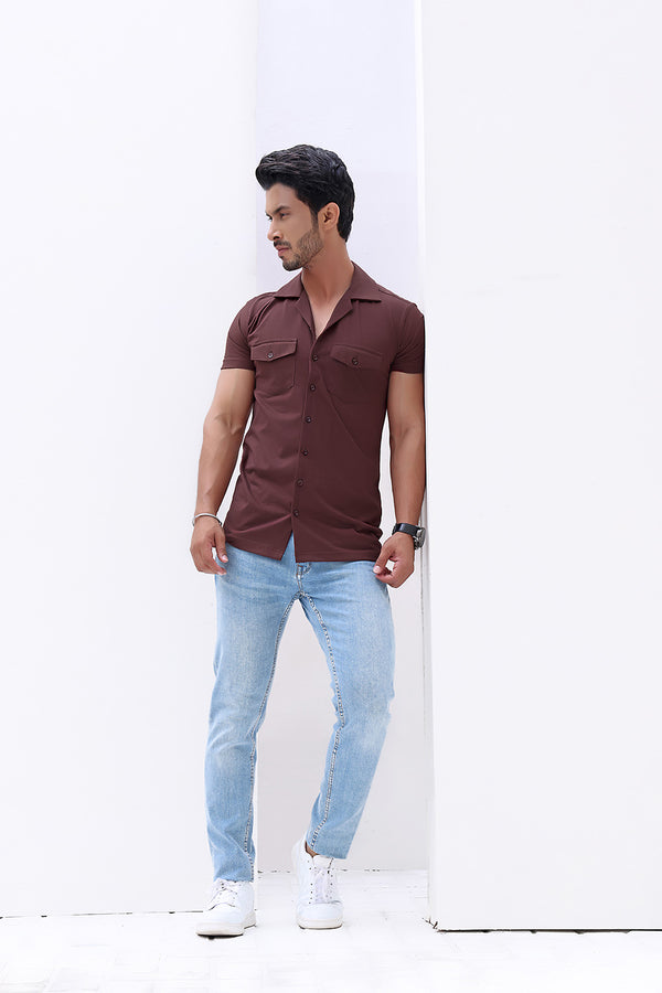 Wine Cuban Double Pocket Jersey Shirt