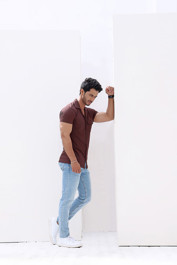Wine Cuban Double Pocket Jersey Shirt