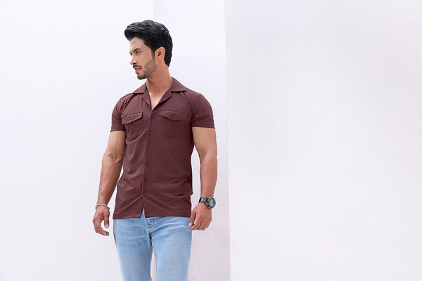 Wine Cuban Double Pocket Jersey Shirt