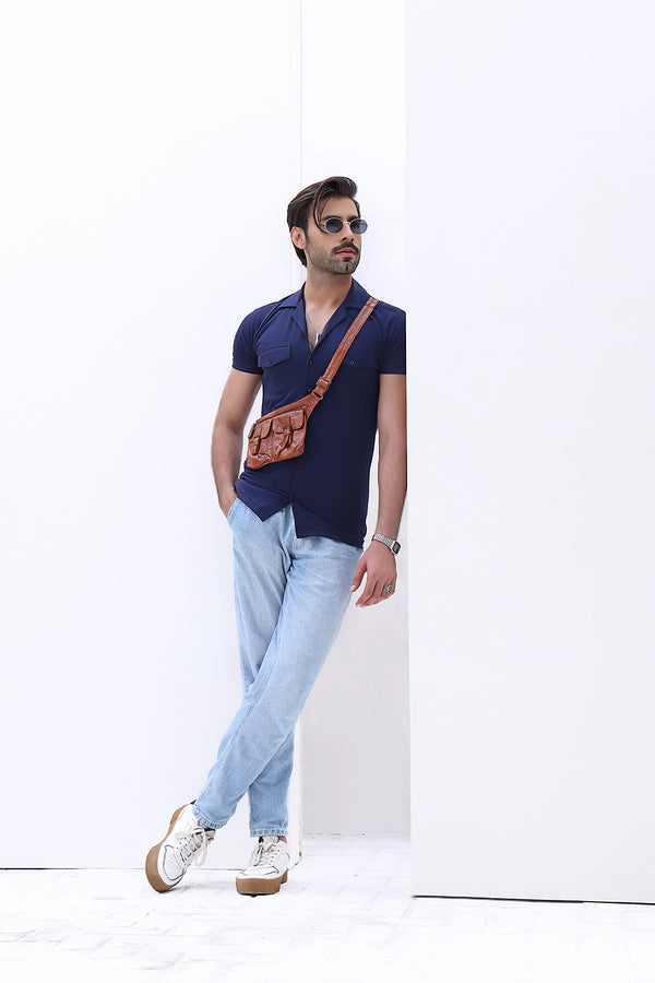 Navy Blue Cuban Double Pocket Jersey Shirt