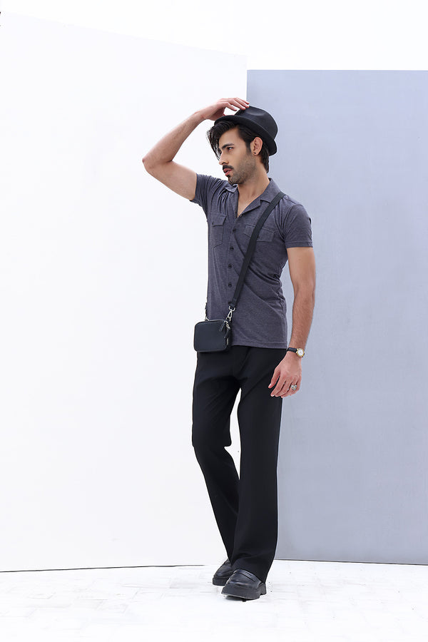 Charcoal Cuban Double Pocket Jersey Shirt