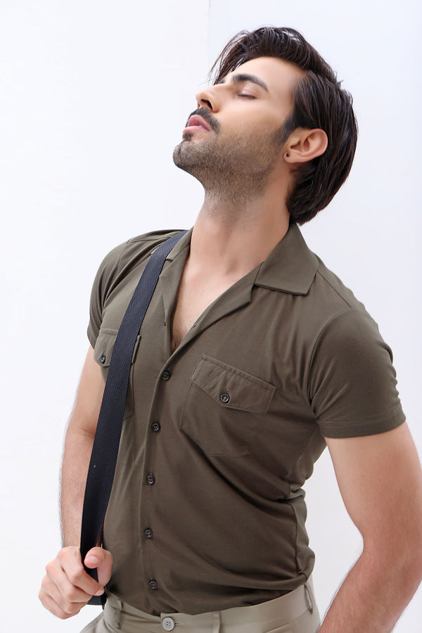 Khaki Green Cuban Double Pocket Jersey Shirt
