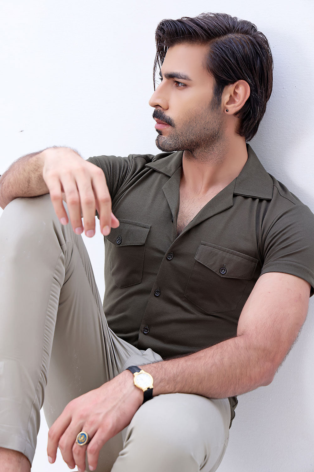 Khaki Green Cuban Double Pocket Jersey Shirt