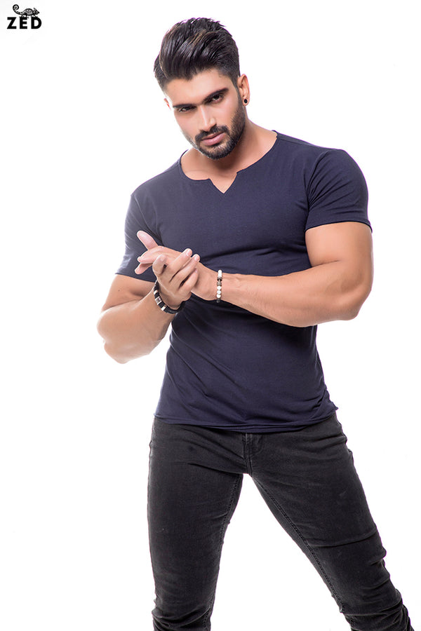 Navy Blue Notch Neck With Lycra