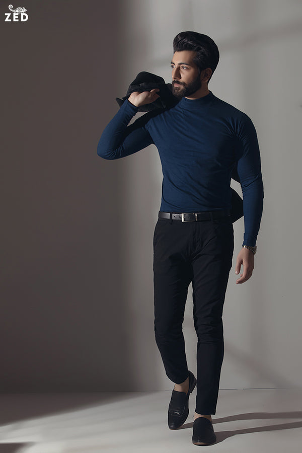 Navy Blue Full Sleeves Mock Neck