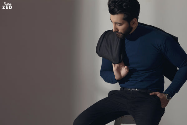 Navy Blue Full Sleeves Mock Neck