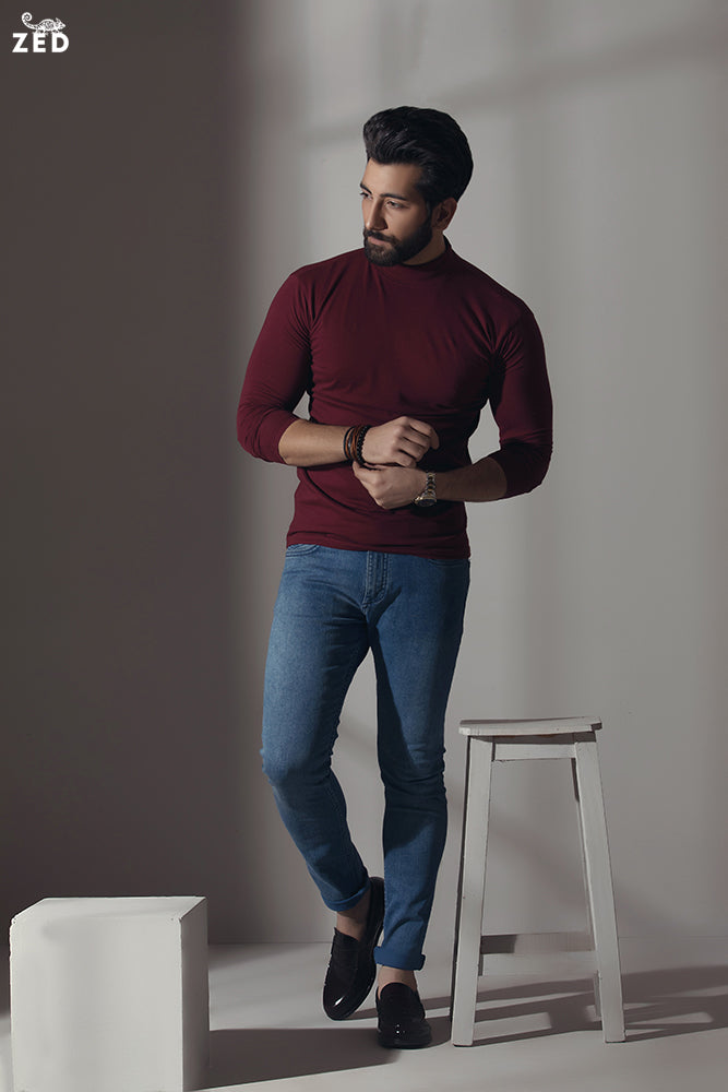 Maroon Full Sleeves Mock Neck
