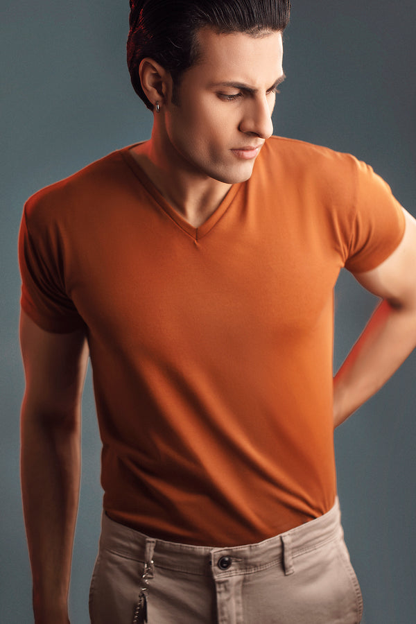 Tan Half Sleeve V Neck