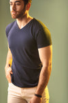 Navy Blue Half Sleeve V Neck