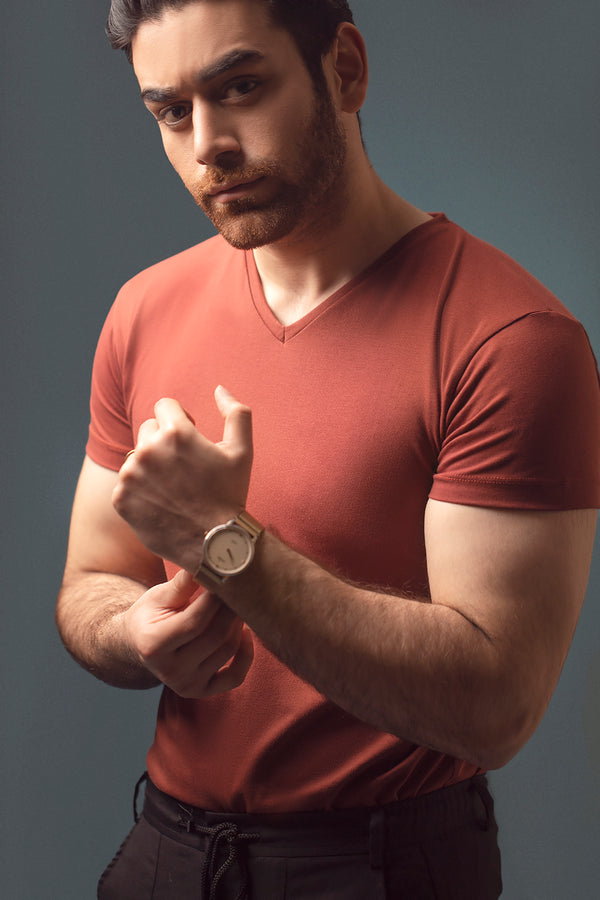 Rust Half Sleeve V Neck