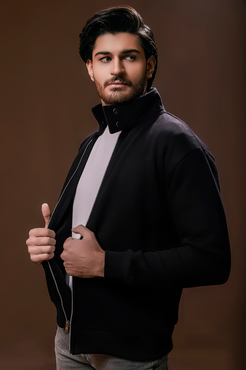 Black Harrington Jacket With Funnel Neck