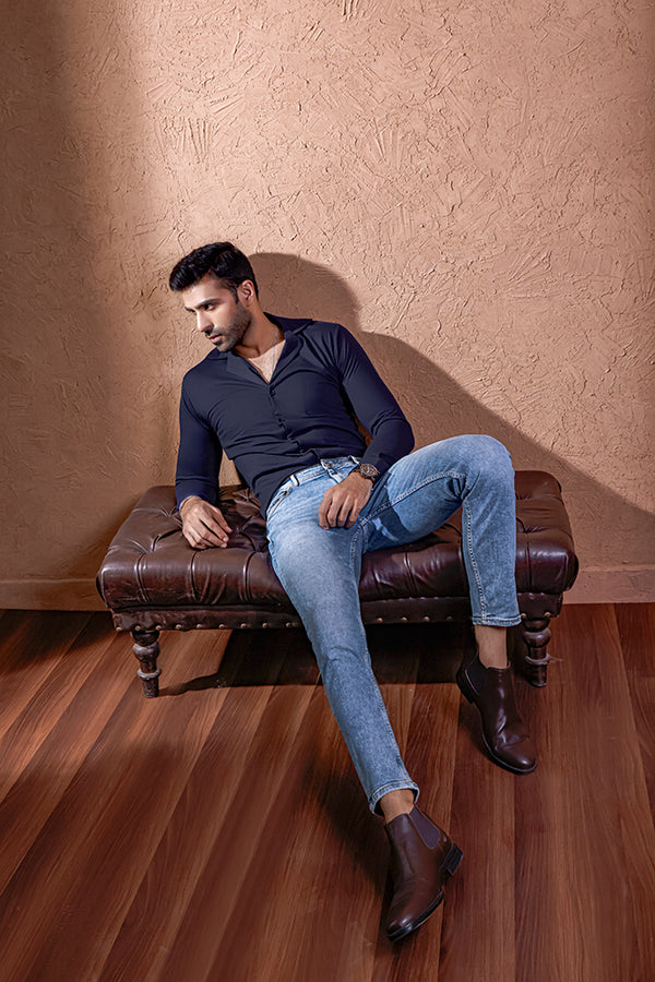 Navy Blue Full Sleeves Cuban Collar Shirt