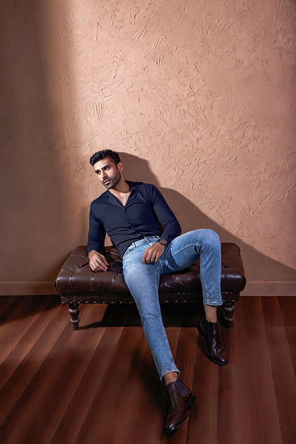 Navy Blue Full Sleeves Cuban Collar Shirt