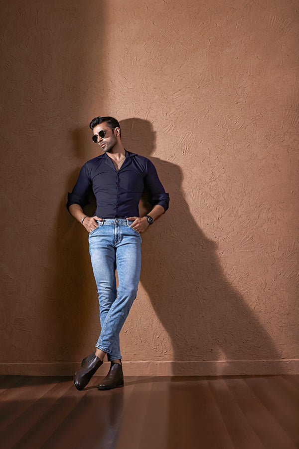 Navy Blue Full Sleeves Cuban Collar Shirt