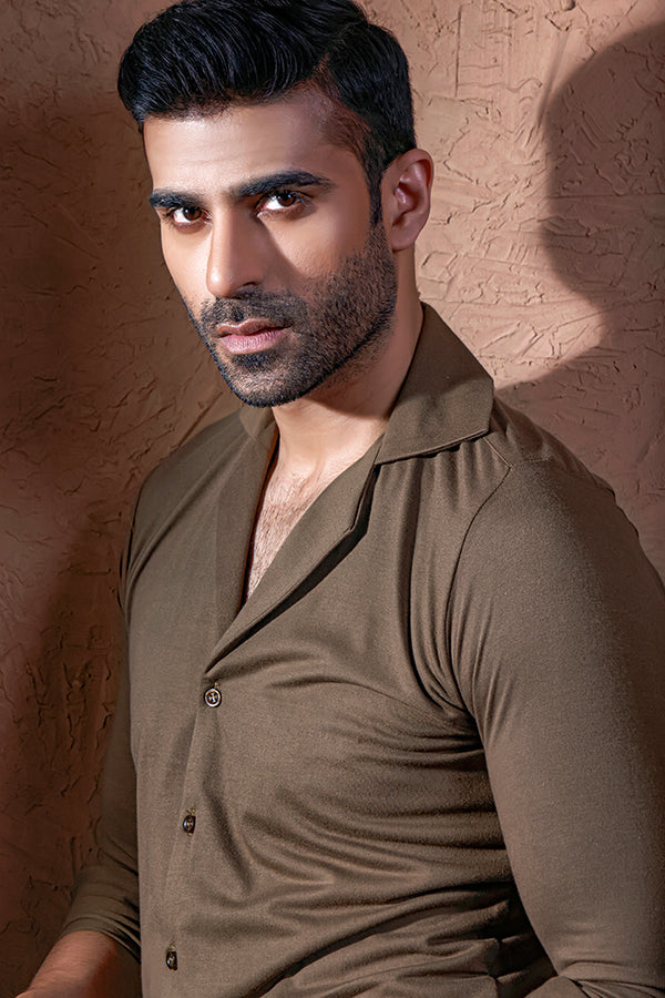 Khaki Green Full Sleeves Cuban Collar Shirt