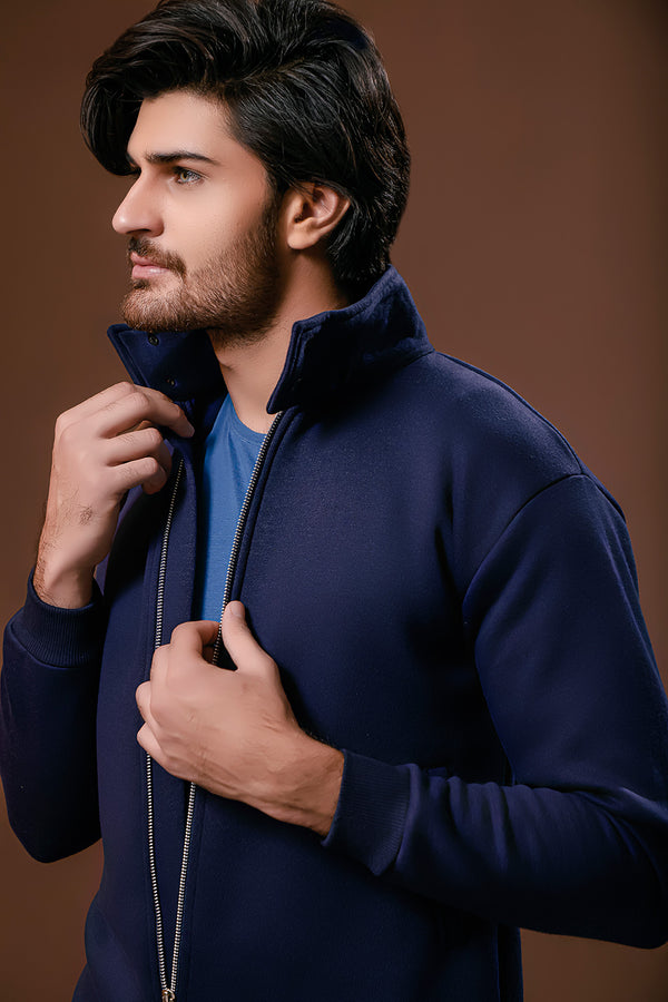 Navy Blue Harrington Jacket With Funnel Neck