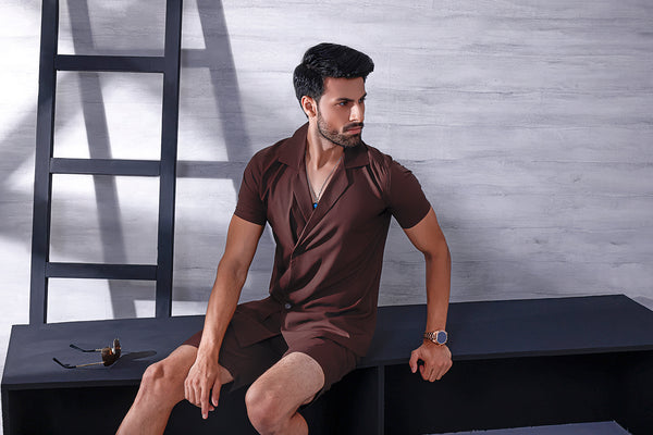 Brown Short Sleeve Collar Wrap Front Shirt and Shorts Twin Set