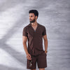 Brown Short Sleeve Collar Wrap Front Shirt and Shorts Twin Set