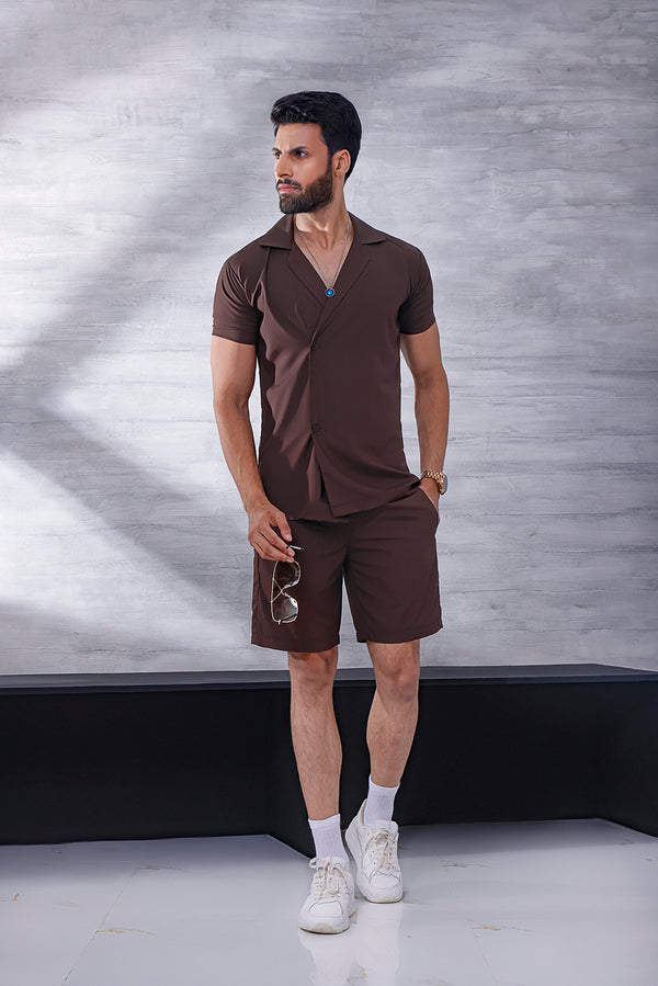 Brown Short Sleeve Collar Wrap Front Shirt and Shorts Twin Set