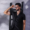 Black Short Sleeve Collar Wrap Front Shirt