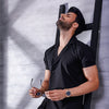 Black Short Sleeve Collar Wrap Front Shirt