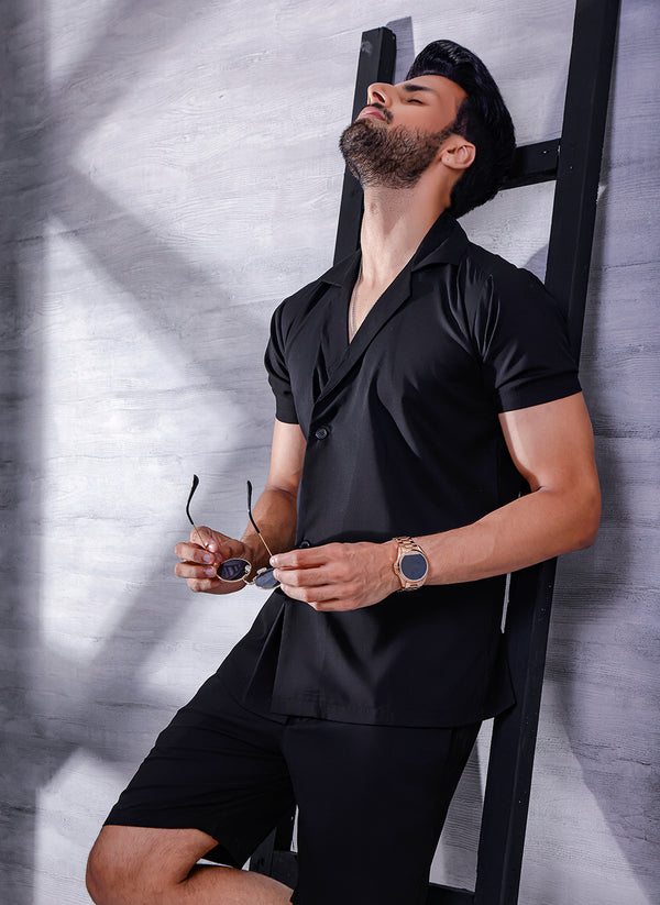 Black Short Sleeve Collar Wrap Front Shirt