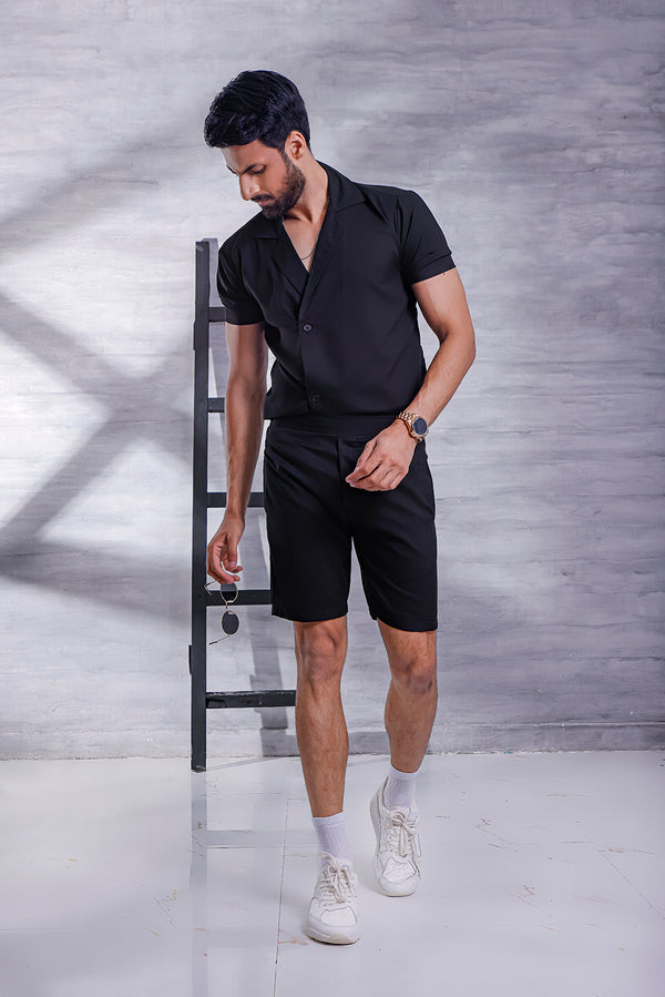 Black Short Sleeve Collar Wrap Front Shirt