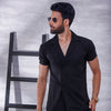 Black Short Sleeve Collar Wrap Front Shirt