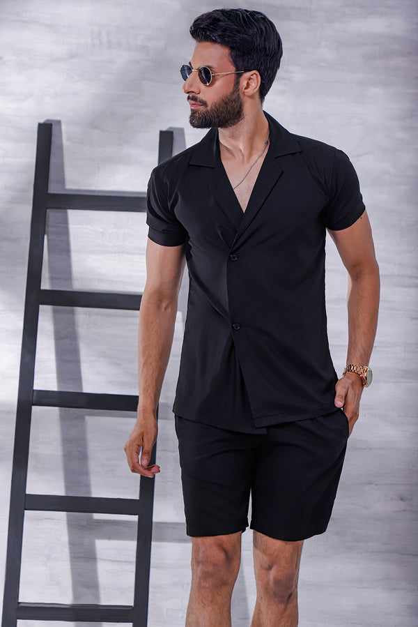 Black Short Sleeve Collar Wrap Front Shirt