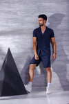 Navy Blue Short Sleeve Collar Wrap Front Shirt and Shorts Twin Set