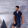 Navy Blue Short Sleeve Collar Wrap Front Shirt and Shorts Twin Set