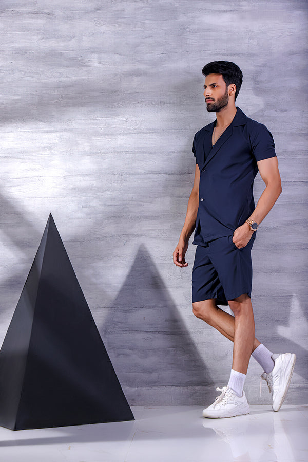 Navy Blue Short Sleeve Collar Wrap Front Shirt and Shorts Twin Set