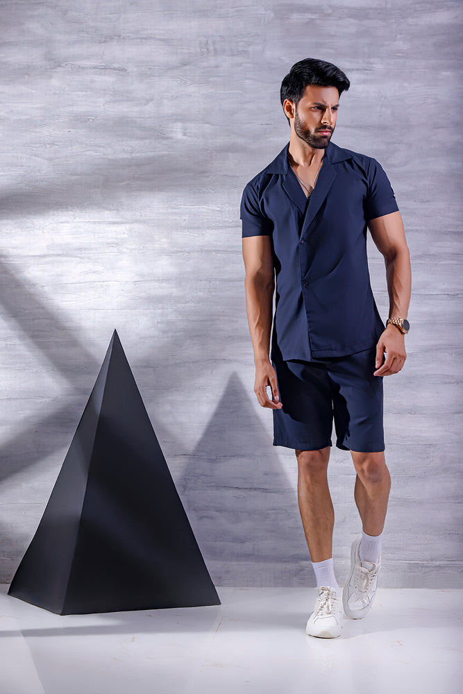 Navy Blue Short Sleeve Collar Wrap Front Shirt