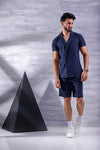 Navy Blue Short Sleeve Collar Wrap Front Shirt