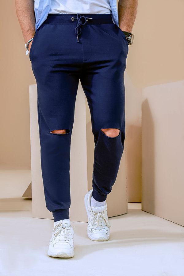 Navy Blue Jogger With Knee Rip Detail