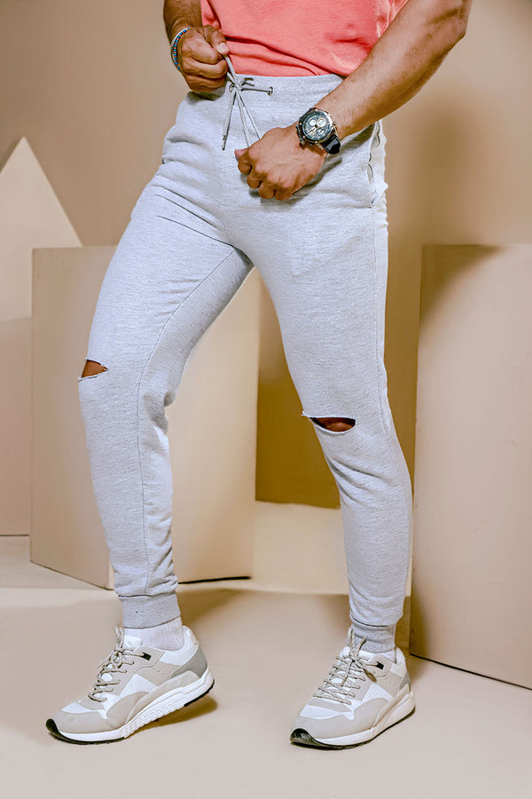 Heather Grey Jogger With Knee Rip Detail