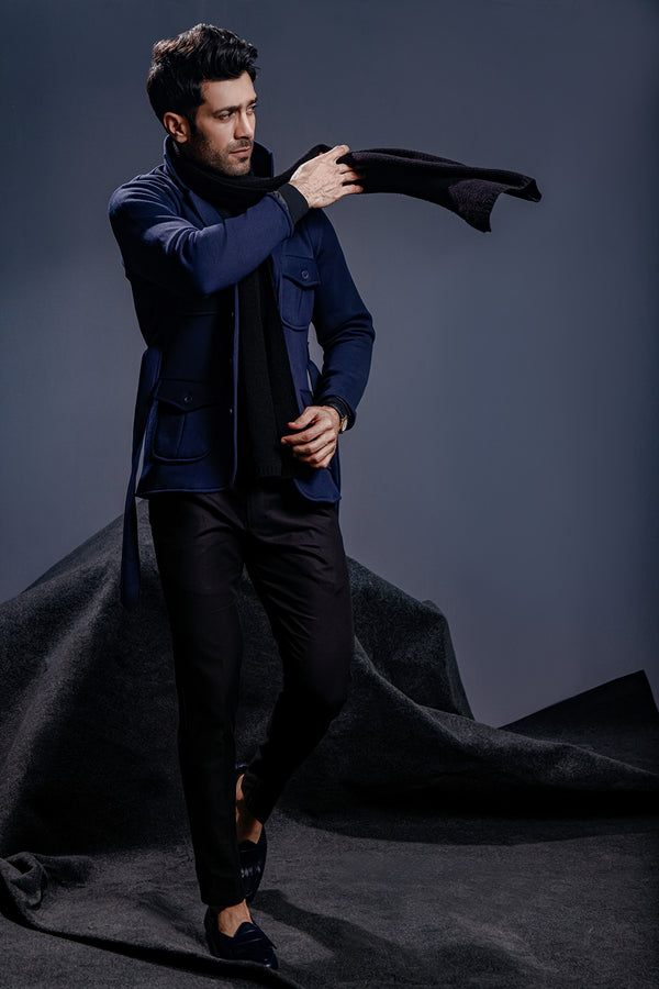 Navy Blue Belted Safari Jacket