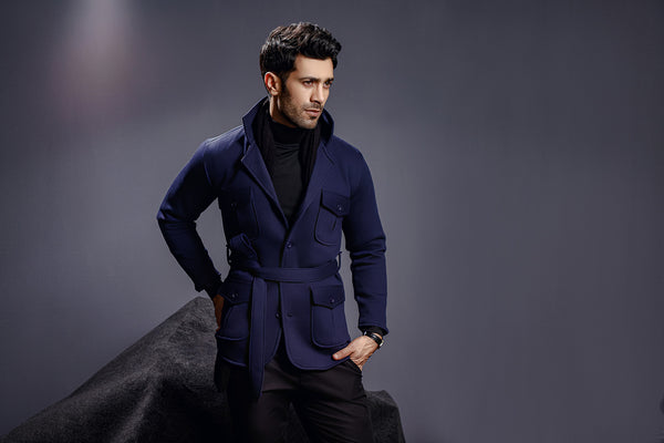 Navy Blue Belted Safari Jacket