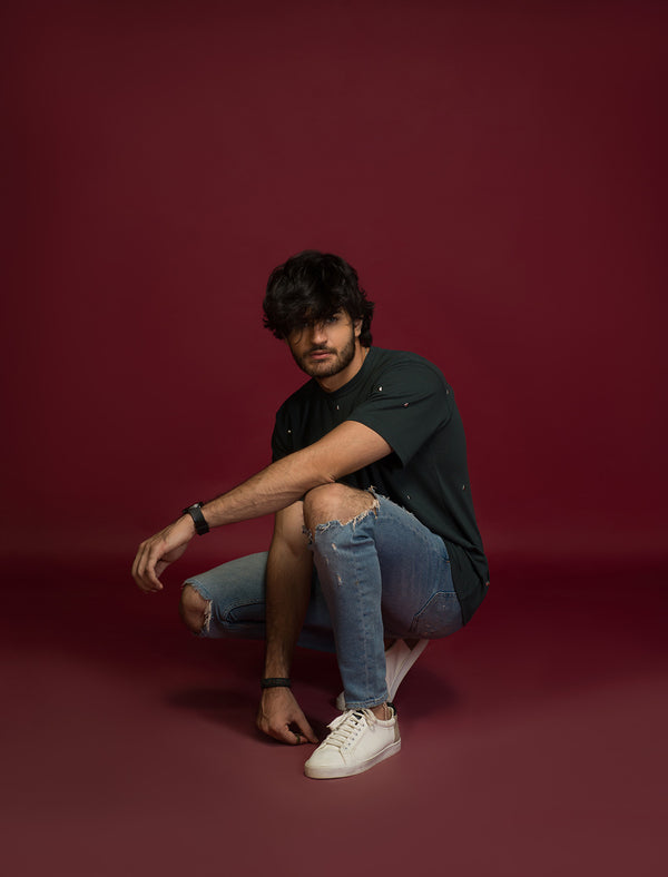 Green Over Sized Studded T-shirt