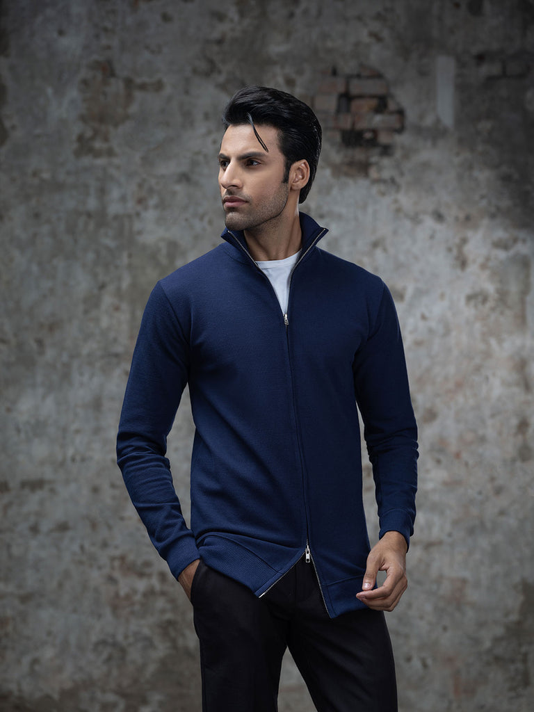 Navy Blue Double Zip High Neck Cardigan ZED