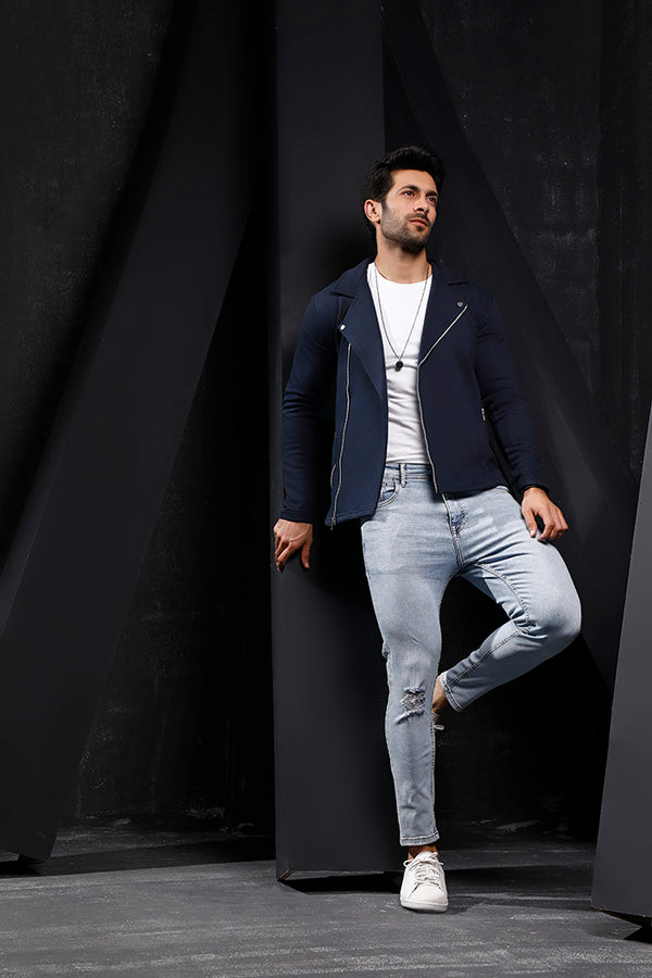 Navy Blue Fleece Biker Jacket