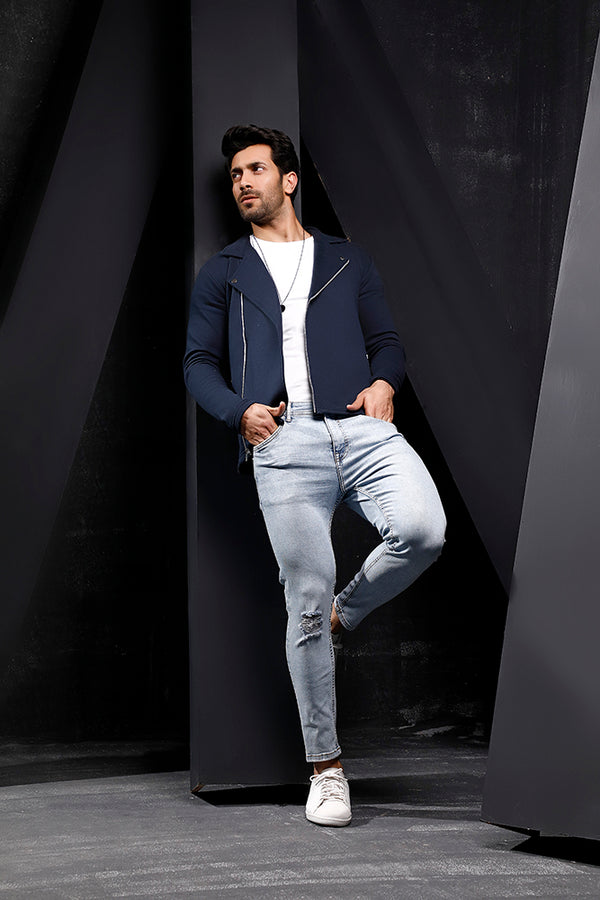 Navy Blue Fleece Biker Jacket